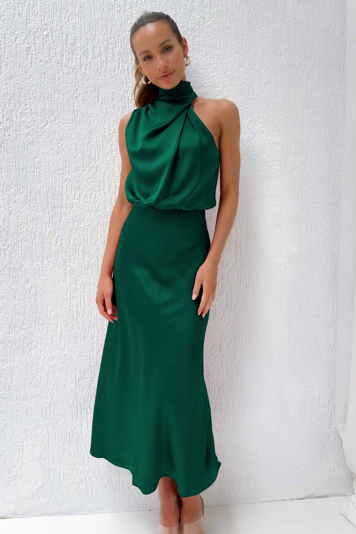 Emma | Lang satinkjole med halterneck